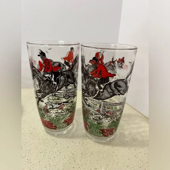 Awesome 1950s MCM Set of 13 Hazel Atlas Equestrian / Hunting Scene Bar Glass Set